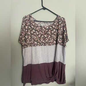 Maurices Floral and Striped Short Sleeve Top - Black and Purple